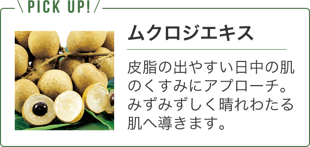 ムクロジエキス　皮脂の出やすい日中の肌のくすみにアプローチ。みずみずしく晴れわたる肌へ導きます。