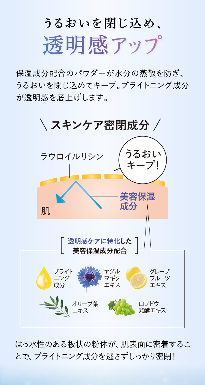 うるおいを閉じ込め、透明感アップ 保湿成分配合のパウダーが水分の蒸散を防ぎ、うるおいを閉じ込めてキープ。ブライトニング成分が透明感を底上げします。はっ水性のある板状の粉体が、肌表面に密着することで、ブライトニング成分を逃さずしっかり密閉!
