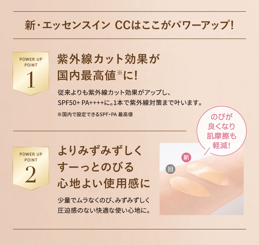 新・エッセンスイン CCはここがパワーアップ!①紫外線カット効果が国内最高値に!/②よりみずみずしくすーっとのびる心地よい使用感に