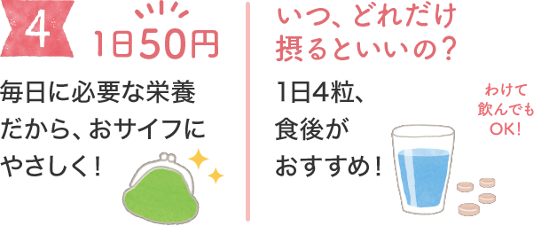 [4]1日50円 毎日に必要な栄養だから、おサイフにやさしく！ いつ、どれだけ摂るといいの？ 1日4粒、食後がおすすめ！わけて飲んでもOK！