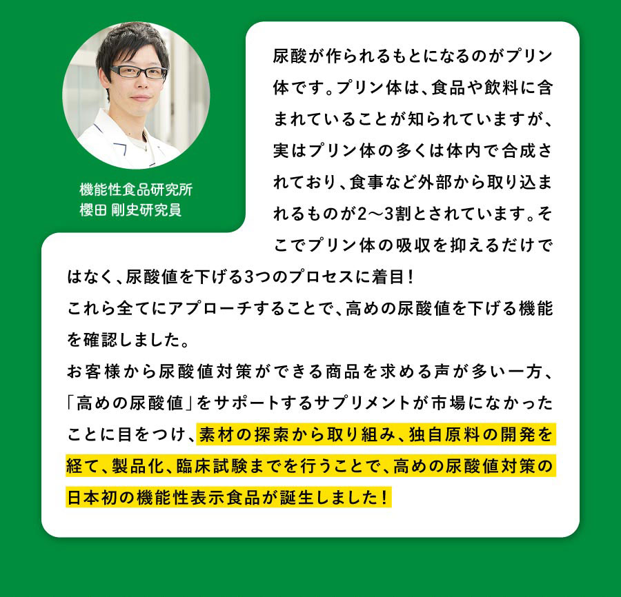 尿酸が作られるもとになるのがプリン体です。プリン体は、食品や飲料に含まれていることが知られていますが、実はプリン体の多くは体内で合成されており、食事など外部から取り込まれるものが2~3割とされています。そこでプリン体の吸収を抑えるだけではなく、尿酸値を下げる3つのプロセスに着目! これら全てにアプローチすることで、高めの尿酸値を下げる機能を確認しました。お客様から尿酸値対策ができる商品を求める声が多い一方、「高めの尿酸値」をサポートするサプリメントが市場になかったことに目をつけ、素材の探索から取り組み、独自原料の開発を経て、製品化、臨床試験までを行うことで、高めの尿酸値日本初の機能性表示食品が誕生しました!