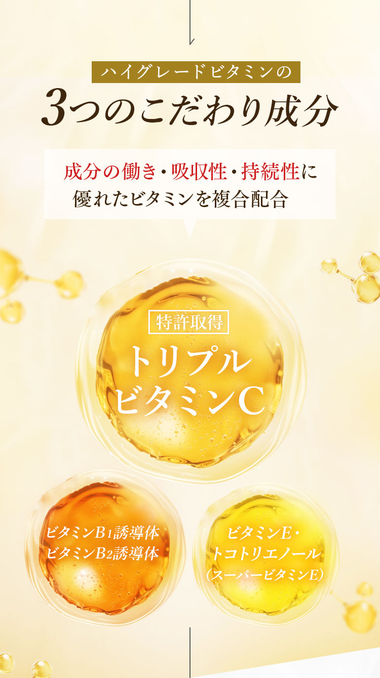 ハイグレードビタミンの3つのこだわり成分 成分の働き・吸収性・持続性に優れたビタミンを複合配合