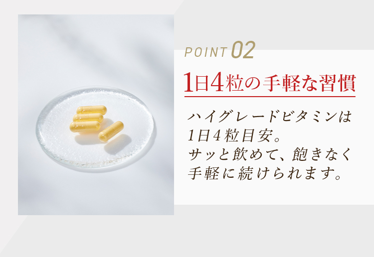 POINT02 1日4粒の手軽な習慣 ハイグレードビタミンは1日4粒目安。サッと飲めて、飽きなく手軽に続けられます。