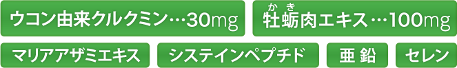 ウコン由来クルクミン・・・30mg、牡蛎肉エキス・・・100mg、マリアアザミエキス、システインペプチド、亜鉛、セレン