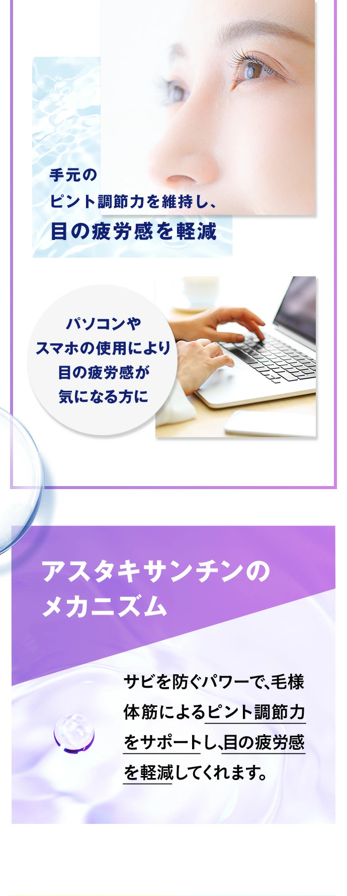 手元のピント調節力を維持し、目の疲労感を軽減 パソコンやスマホの使用により目の疲労感が気になる方に アスタキサンチンのメカニズム