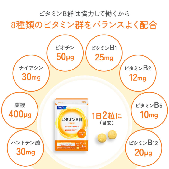 ビタミンB群は協力して働くから8種類のビタミン群をバランスよく配合