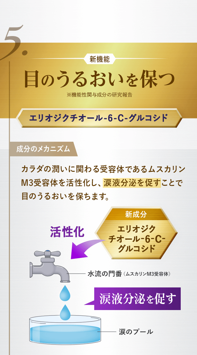 5.＜新機能＞目のうるおいを保つ／成分のメカニズム カラダの潤いに関わる受容体であるムスカリンM3受容体を活性化し、涙液分泌を促すことで目のうるおいを保ちます。