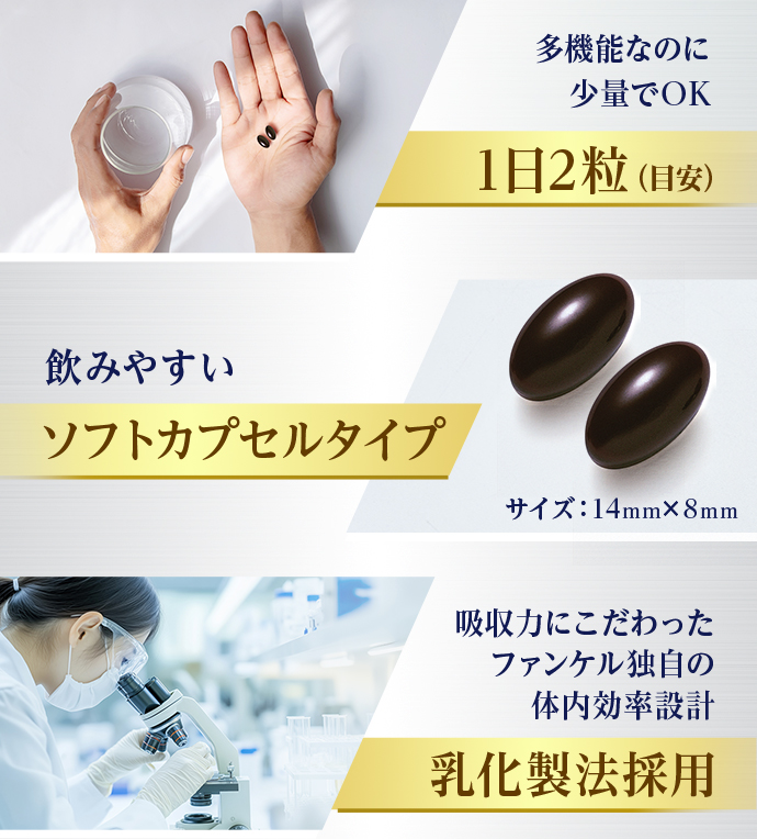 多機能なのに少量でOK 1日2粒（目安）／飲みやすいソフトカプセルタイプ サイズ：14mm×8mm／吸収力にこだわったファンケル独自の体内効率設計 乳化製法採用