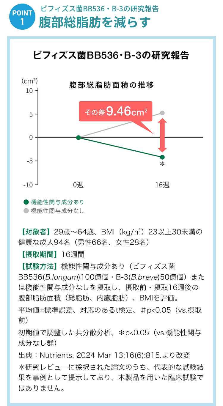 【POINT1】ビフィズス菌BB536・B-3の研究報告:腹部総脂肪を減らす