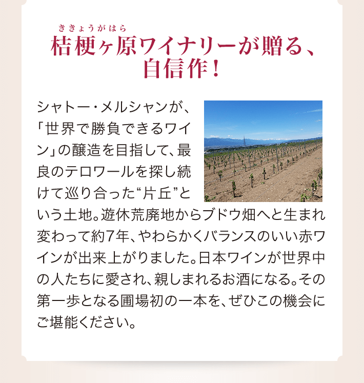 桔梗ヶ原ワイナリーが贈る、自信作!シャトー・メルシャンが、「世界で勝負できるワイン」の醸造を目指して、最良のテロワールを探し続けて巡り合った“片丘”という土地。遊休荒廃地からブドウ畑へと生まれ変わって約7年、やわらかくバランスのいい赤ワインが出来上がりました。日本ワインが世界中の人たちに愛され、親しまれるお酒になる。その第一歩となる圃場初の一本を、ぜひこの機会にご堪能ください。