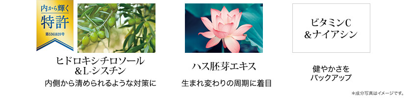 ヒドロキシチロソール＆L-シスチン、ハス胚芽エキス、ビタミンC＆ナイアシン ＊成分写真はイメージです。