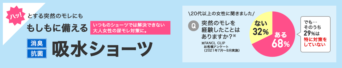 ハッ！とする突然のモレにも もしもに備えるいつものショーツでは解決できない大人女性の尿モレ対策に。消臭 抗菌 吸水ショーツ 20代以上の女性に聞きました Q突然のモレを経験したことはありますか？※※FANCL CLIP お客様アンケート　（2021年7月〜8月実施） ある68% ない32% でも・・・そのうち29%は特に対策をしていない