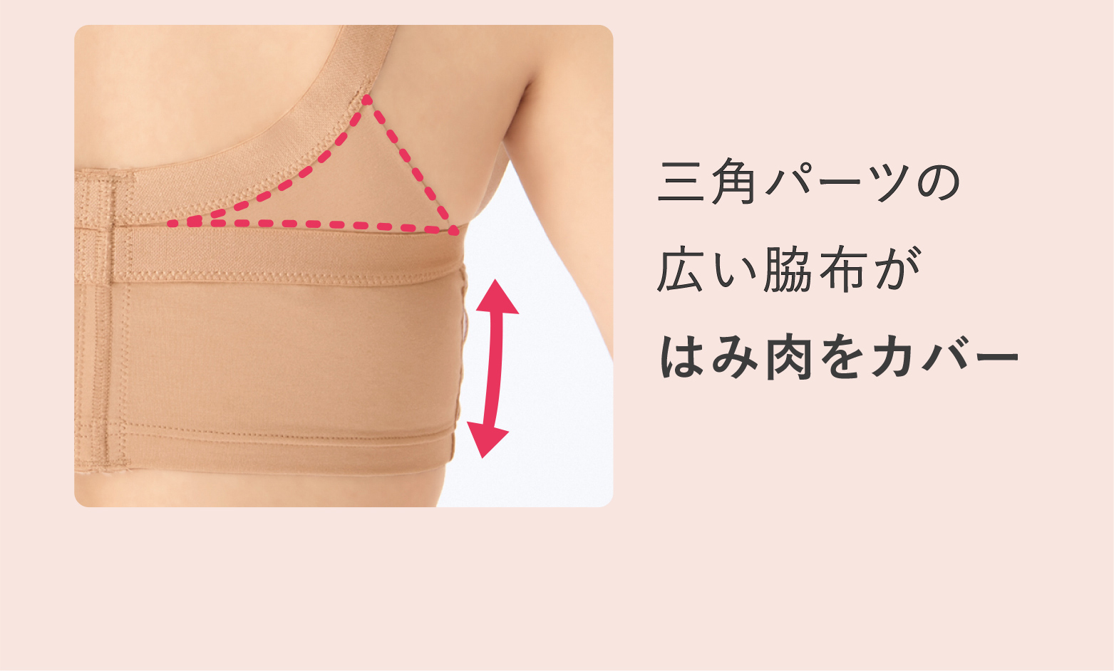 三角パーツの広い脇布がはみ肉をカバー