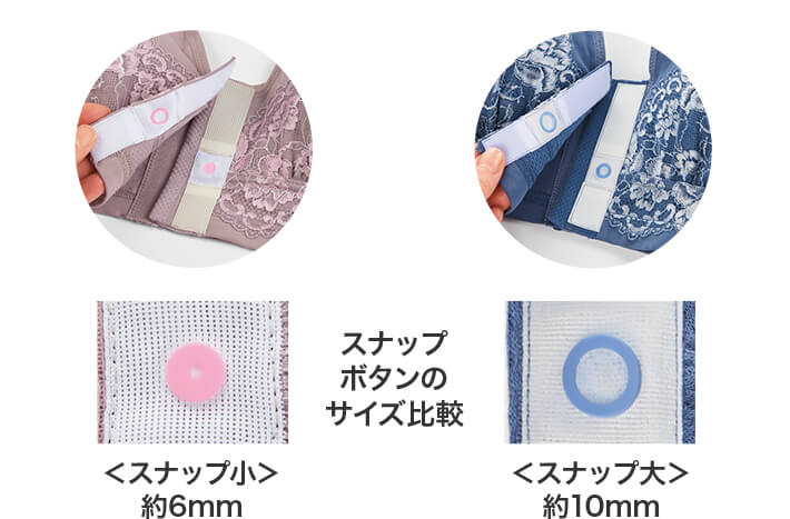 スナップボタンのサイズ比較 (スナップ小)約6mm (スナップ大)約10mm