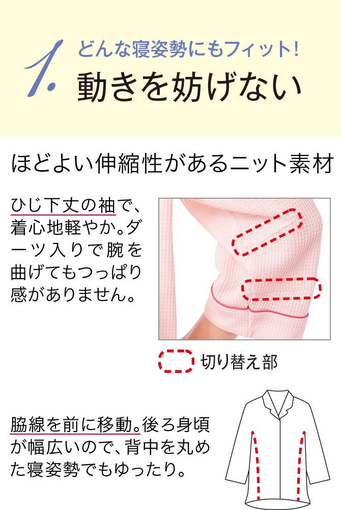 1.どんな寝姿勢にもフィット！動きを妨げない ほどよい伸縮性があるニット素材 ひじ下丈の袖で、着心地軽やか。ダーツ入りで腕を曲げてもつっぱり感がありません。/切り替え部/脇線を前に移動。後ろ身頃が幅広いので、背中を丸めた寝姿勢でもゆったり。