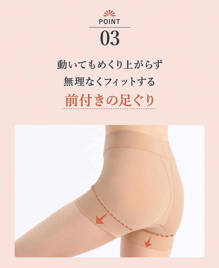 ポイント03.動いてもめくり上がらず無理なくフィットする前付きの足ぐり。