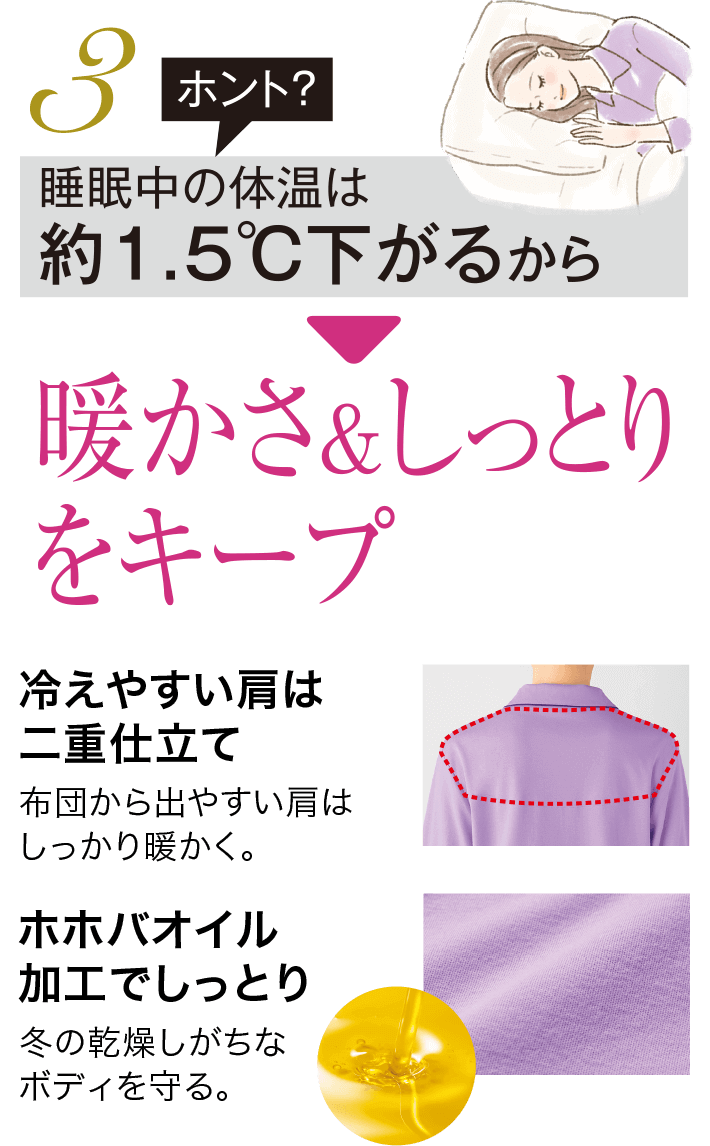 3 ホント?睡眠中の体温は約1.5℃下がるから 暖かさ&しっとりをキープ