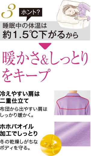 3 ホント?睡眠中の体温は約1.5℃下がるから 暖かさ&しっとりをキープ