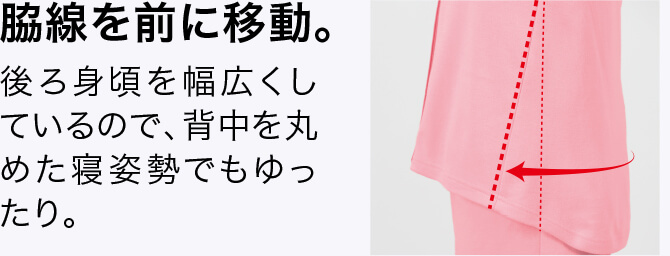脇線を前に移動。 後ろ身頃を幅広くしているので、背中を丸めた寝姿勢でもゆったり。