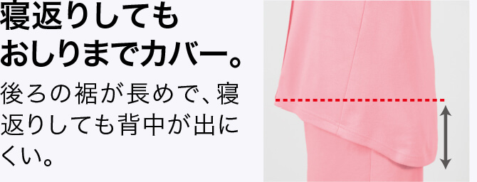 寝返りしてもおしりまでカバー。 後ろの裾が長めで、寝返りしても背中が出にくい。