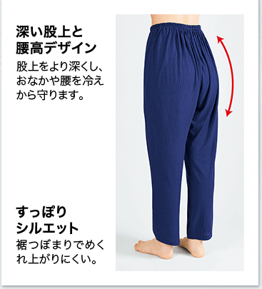 NEW 深い股上と腰高デザイン 股上をより深くし、おなかや腰を冷えから守ります。 すっぽりシルエット 裾つぼまりでめくれ上がりにくい。