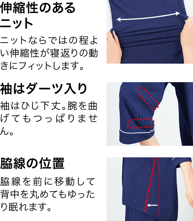 伸縮性のあるニット ニットならではの程よい伸縮性が寝返りの動きにフィットします。 袖はダーツ入り 袖はひじ下丈。腕を曲げてもつっぱりません。 脇線の位置 脇線を前に移動して背中を丸めてもゆったり眠れます。