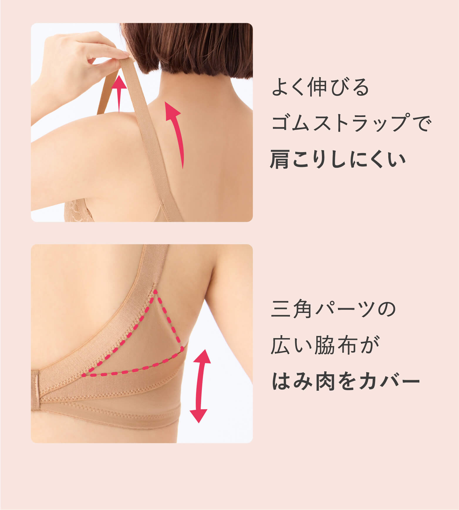 よく伸びるゴムストラップで肩こりしにくい／三角パーツの広い脇布がはみ肉をカバー