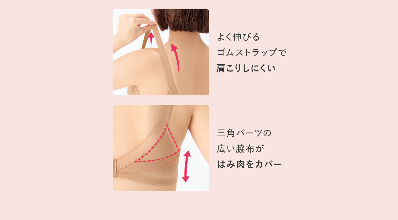 よく伸びるゴムストラップで肩こりしにくい／三角パーツの広い脇布がはみ肉をカバー