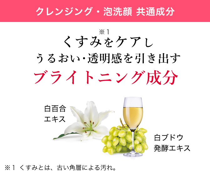 クレンジング・泡洗顔 共通成分 くすみ※1をケアしうるおい・透明感を引き出すブライトニング成分 白百合エキス 白ブドウ発酵エキス ※１ くすみとは、古い角層による汚れ。