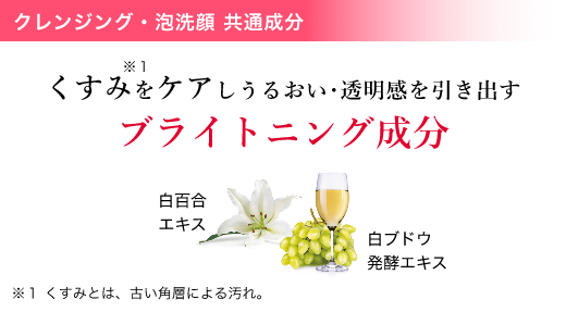 クレンジング・泡洗顔 共通成分 くすみ※1をケアしうるおい・透明感を引き出すブライトニング成分 白百合エキス 白ブドウ発酵エキス ※１ くすみとは、古い角層による汚れ。