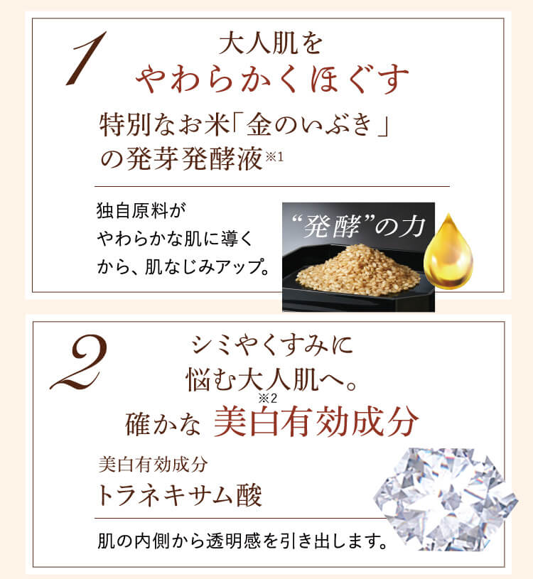 大人肌をやわらかくほぐす シミやくすみに悩む大人肌へ確かな美白有効成分