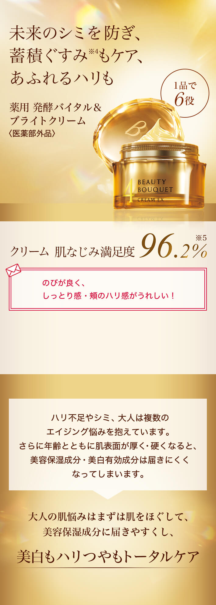 未来のシミを防ぎ、 蓄積ぐすみ※4もケア、 あふれるハリも 薬用 発酵バイタル＆ブライト クリーム ハリ不足やシミ、大人は複数のエイジング悩みを抱えています。さらに年齢とともに 肌表面が厚く・硬くなると、美容保湿成分・美白有効成分は届きにくくなってしまいます。  大人の肌悩みはまずは肌をほぐして、 美容保湿成分に届きやすくし、美白もハリつやもトータルケア