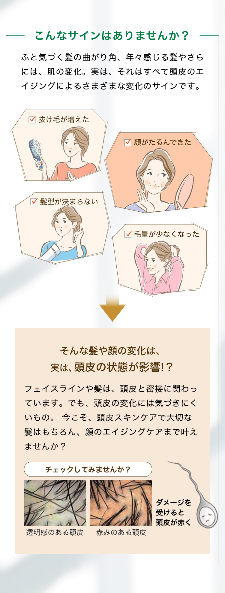 こんなサインはありませんか？ ふと気づく髪の曲がり角、年々感じる髪やさらには、肌の変化。実は、それはすべて頭皮のエイジングによるさまざまな変化のサインです。 抜け毛が増えた 顔がたるんできた 髪型が決まらない 毛量が少なくなった そんな髪や顔の変化は、実は、頭皮の状態が影響!？ フェイスラインや髪は、頭皮と密接に関わっています。でも、頭皮の変化には気づきにくいもの。 今こそ、頭皮スキンケアで大切な髪はもちろん、顔のエイジングケアまで叶えませんか？