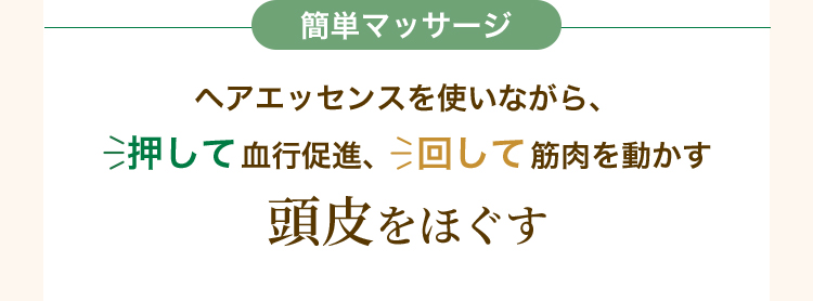 簡単マッサージ ヘアエッセンスを使いながら、押して血行促進、回して筋肉を動かす 頭皮をほぐす