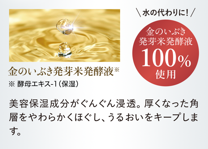 金のいぶき発芽米発酵液※ 酵母エキス-1（保湿）美容保湿成分がぐんぐん浸透。厚くなった角層をやわらかくほぐし、うるおいをキープします。