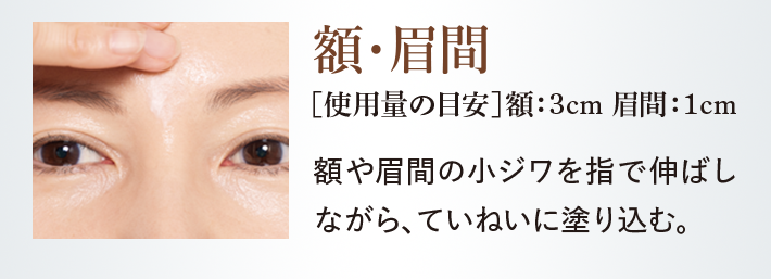 ＜額・眉間＞［使用量の目安］額：3cm 眉間：1cm／額や眉間の小ジワを指で伸ばしながら、ていねいに塗り込む。