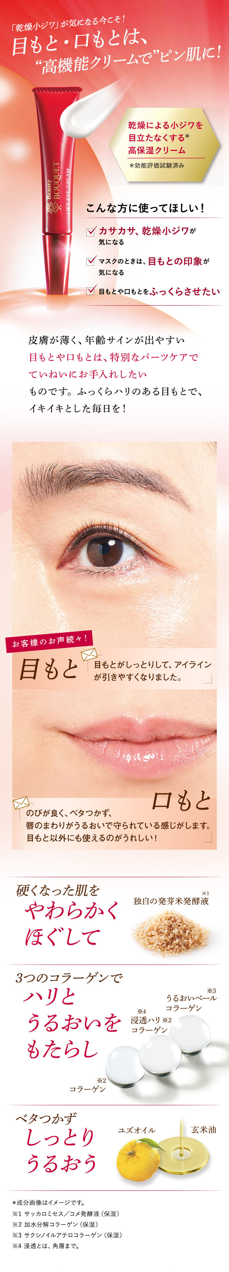 「乾燥小ジワ」が気になる今こそ！ 目もと・口もとは、“高機能クリームで”ピン肌に！ 乾燥による小ジワを目立たなくする＊高保湿クリーム こんな方に使ってほしい！ カサカサ、乾燥小ジワが気になるマスクのときは、目もとの印象が気になる目もとや口もとをふっくらさせたい 皮膚が薄く、年齢サインが出やすい目もとや口もとは、特別なパーツケアでていねいにお手入れしたいものです。ふっくらハリのある目もとで、イキイキとした毎日を！ 硬くなった肌をやわらかくほぐして 3つのコラーゲンでハリとうるおいをもたらしベタつかずしっとりうるおう ※1 サッカロミセス／コメ発酵液（保湿）　※2 加水分解コラーゲン（保湿）　※3 サクシノイルアテロコラーゲン（保湿）　※4 浸透とは、角層まで。