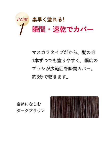 Point1 素早く塗れる! 瞬間・速乾でカバー マスカラタイプだから、髪の毛1本ずつでも塗りやすく、幅広のブラシが広範囲を瞬間カバー。約3分で乾きます。 自然になじむダークブラウン