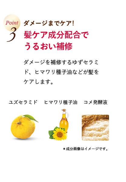 Point3 ダメージまでケア!髪ケア成分配合でうるおい補修 ダメージを補修するゆずセラミド、ヒマワリ種子油などが髪をケアします。 ユズセラミド ヒマワリ種子油 コメ発酵液 *成分画像はイメージです。
