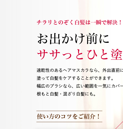 チラリとのぞく白髪は一瞬で解決! お出かけ前にササっとひと塗り! 速乾性のあるヘアマスカラなら、外出直前にササッと塗って白髪をケアすることができます。幅広のブラシなら、広い範囲を一気にカバー。根もと白髪・混ざり白髪にも。 使い方のコツをご紹介!