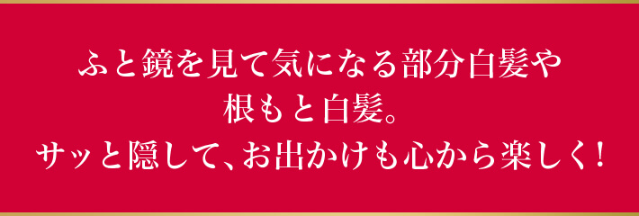 ふと鏡を見て気になる部分白髪や根もと白髪。サッと隠して、お出かけも心から楽しく!