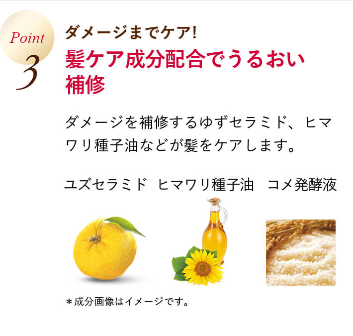 Point3 ダメージまでケア!髪ケア成分配合でうるおい補修 ダメージを補修するゆずセラミド、ヒマワリ種子油などが髪をケアします。 ユズセラミド ヒマワリ種子油 コメ発酵液 *成分画像はイメージです。