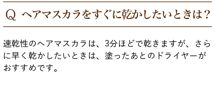 Q.ヘアマスカラをすぐに乾かしたいときは? 速乾性のヘアマスカラは、3分ほどで乾きますが、さらに早く乾かしたいときは、塗ったあとのドライヤーがおすすめです。