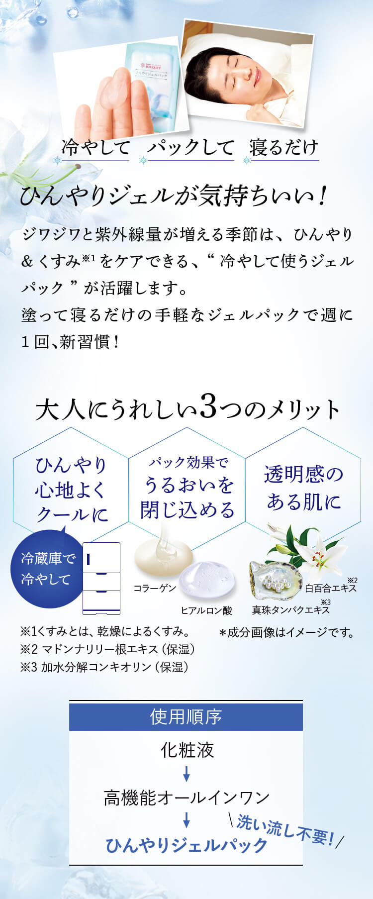 冷やして  パックして 寝るだけ ひんやりジェルが気持ちいい！ ジワジワと紫外線量が増える季節は、ひんやり&くすみ※1をケアできる、“冷やして使うジェルパック”が活躍します。塗って寝るだけの手軽なジェルパックで週に1回、新習慣！大人にうれしい 3つのメリット ひんやり心地よくクールに パック効果でうるおいを閉じ込める 透明感のある肌に＊成分画像はイメージです。※1くすみとは、乾燥によるくすみ。 ※2 マドンナリリー根エキス（保湿） ※3 加水分解コンキオリン（保湿）使用順序 化粧液 高機能オールインワン ひんやりジェルパック 洗い流し不要！