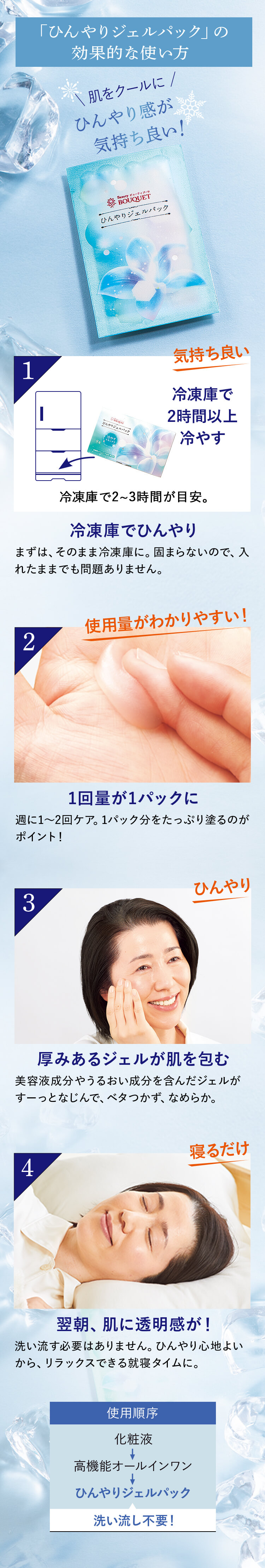 「ひんやりジェルパック」の効果的な使い方 肌をクールにひんやり感が気持ち良い！冷凍庫でひんやり まずは、そのまま冷凍庫に。固まらないので、入れたままでも問題ありません。 1回量が1パックに 週に1～2回ケア。1パック分をたっぷり塗るのがポイント！厚みあるジェルが肌を包む 美容液成分やうるおい成分を含んだジェルがすーっとなじんで、ベタつかず、なめらか。翌朝、肌に透明感が！ 洗い流す必要はありません。ひんやり心地よいから、リラックスできる就寝タイムに。使用順序 化粧液 高機能オールインワン ひんやりジェルパック 洗い流し不要！