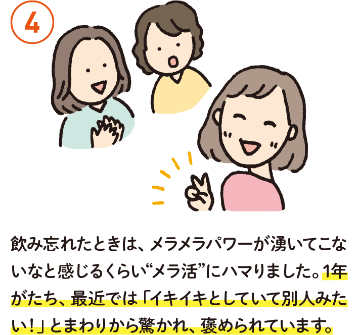 ④飲み忘れたときは、メラメラパワーが湧いてこないなと感じるくらい“メラ活”にハマりました。1年がたち、最近では「イキイキとしていて別人みたい！」とまわりから驚かれ、褒められています。