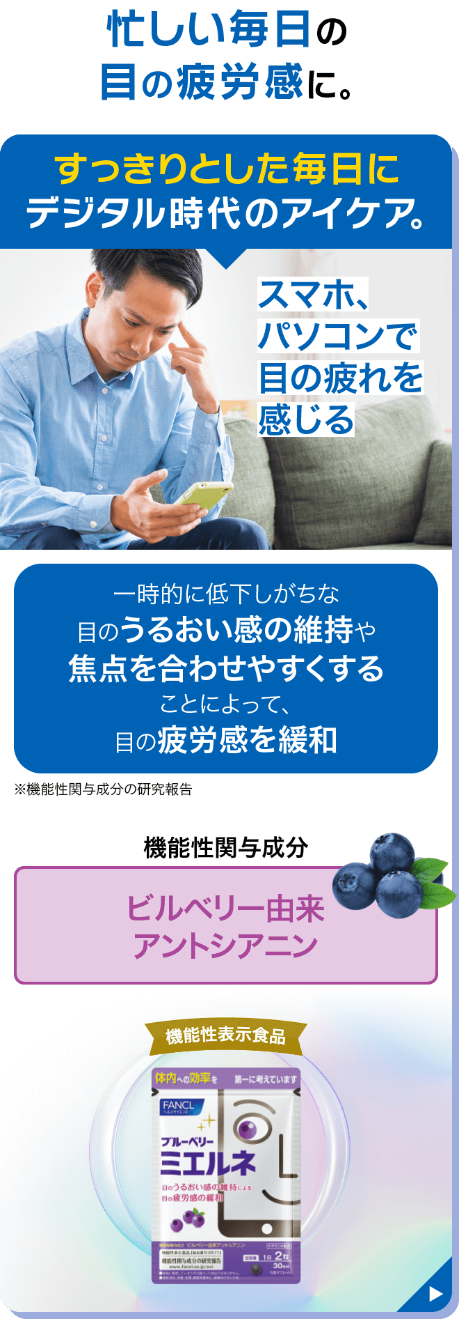 忙しい毎日の目の疲労感に。 すっきりとした毎日にデジタル時代のアイケア。 スマホ、パソコンで目の疲れを感じる 一時的に低下しがちな目のうるおい感の維持や焦点を合わせやすくすることによって、目の疲労感を緩和 ※機能性関与成分の研究報告 機能性関与成分 ビルベリー由来アントシアニン 不足しがちな栄養成分配合 ビタミンA、ビタミンB1・B2・B6・B12 機能性表示食品