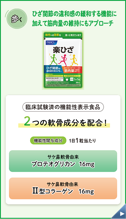 歩く 2つの軟骨成分で、スムーズなひざの動きをサポート 楽ひざ 12週間（約90日間）臨床試験済みの機能性表示食品 2つの軟骨成分を配合！ 機能性関与成分1日1粒当たり サケ鼻軟骨由来 プロテオグリカン 16mg サケ鼻軟骨由来 Ⅱ型コラーゲン 16mg