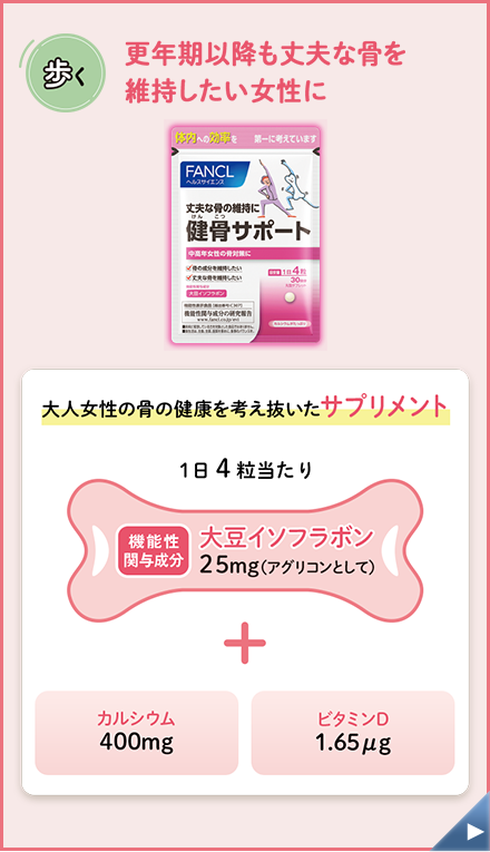 歩く 更年期以降も丈夫な骨を 維持したい女性に 大人女性の骨の健康を考え抜いたサプリメント 1日4粒当たり 機能性関与成分大豆イソフラボン25mg（アグリコンとして）+カルシウム400mg ビタミンD1.65μg