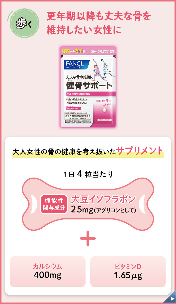 歩く 更年期以降も丈夫な骨を 維持したい女性に 大人女性の骨の健康を考え抜いたサプリメント 1日4粒当たり 機能性関与成分大豆イソフラボン25mg（アグリコンとして）+カルシウム400mg ビタミンD1.65μg